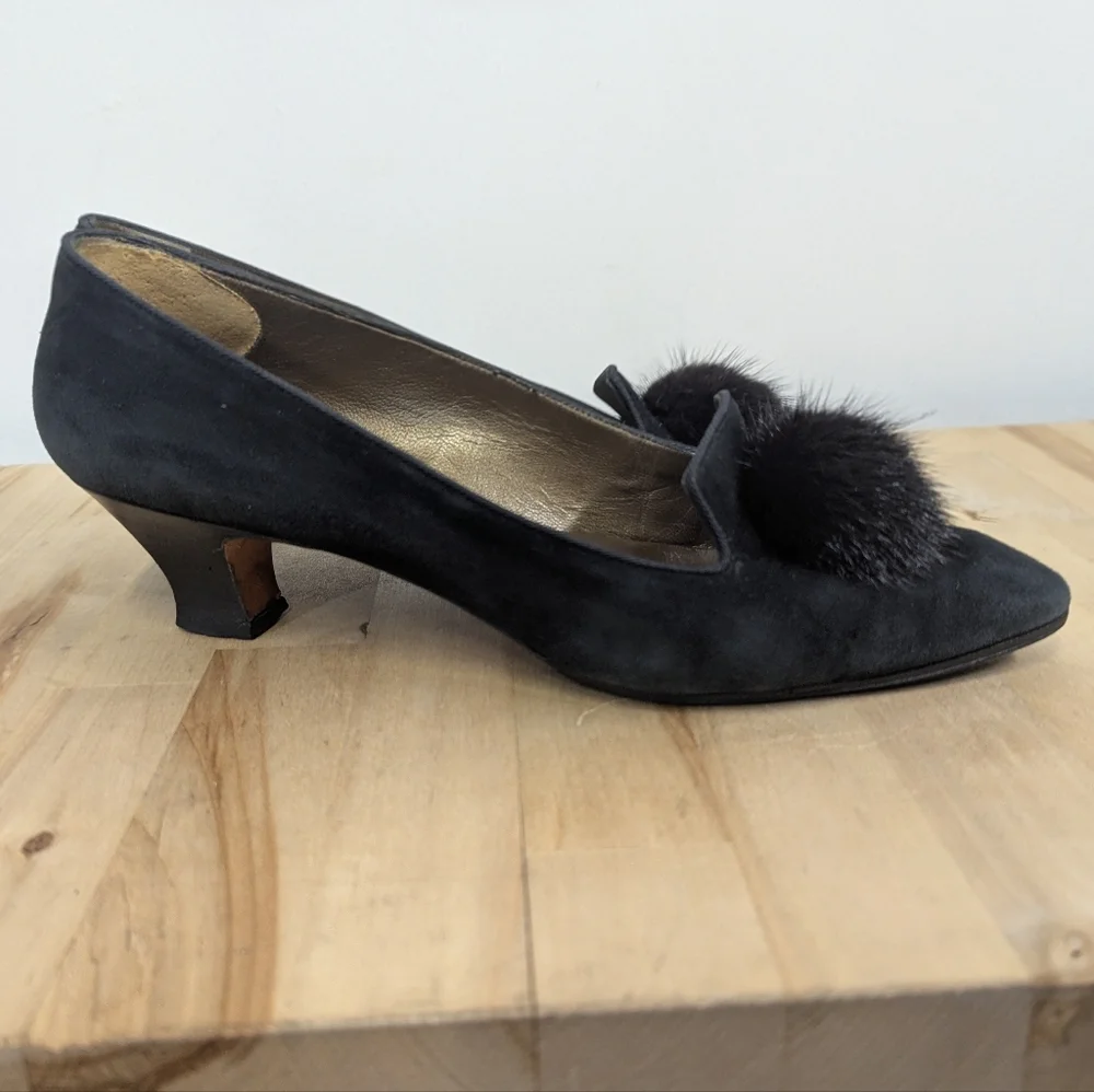 Vintage YSL Yves Saint Laurent Black Suede Shoes Low Heel Mink Pom Pom 9.5N 8